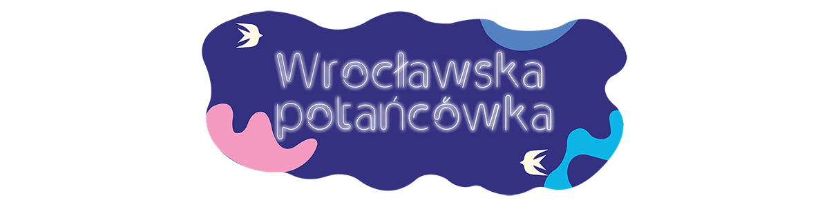w nieregularnym kształcie na granatowym tle neonowy napis Wrocławska potańcówka
