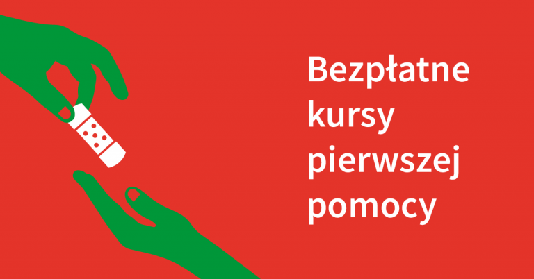 dwie dłonie jedna drugiej podaje plaser obok napis bezpłatne kursy pierwszej pomocy