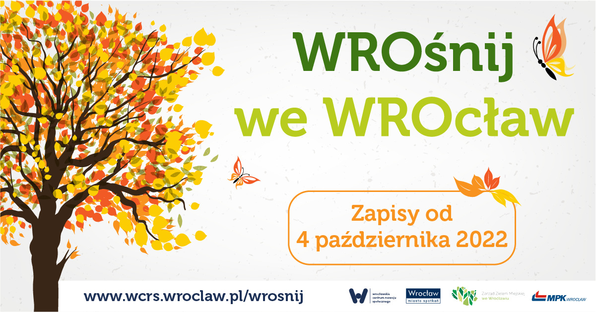 Wrośnij we Wrocław - zapisy od 4 października 2022 roku, rysunek drzewka z liśćmi w kolorach żółtym i pomarańczowym