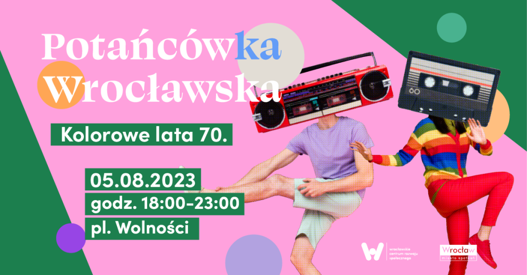 Potańcówka Wrocławska kolorowe lata 70. zdjęcie dwóch osób, zamiast głów mają boom box i kasetę magnetofonową