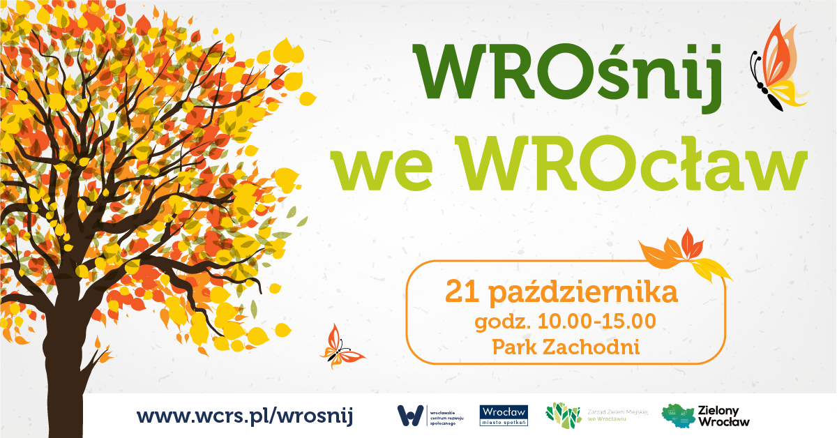 rysunek drzewka z jesiennymi liśćmi obok napis Wrośnij we Wrocław