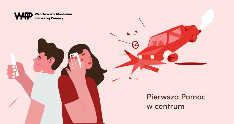 grafika z rozbitym samochodem na pierwszym planie dwie osoby z telefonami komórkowymi