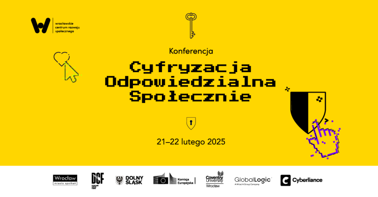 na żółtym tle napis zapisany czcionką pikselową Cyfryzacja odpowiedzialna społecznie poniżej data 21-22 lutego 2025, rysunek biało-czarnej tarczy i rączki komputerowej z fioletową obwódką