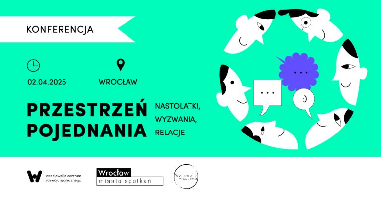 na turkusowym tle po prawej rysunek przedstawiający sześć głów ułożonych w kształt okręgu, po lewej stronie tytuł konferencji Przestrzeń pojednania