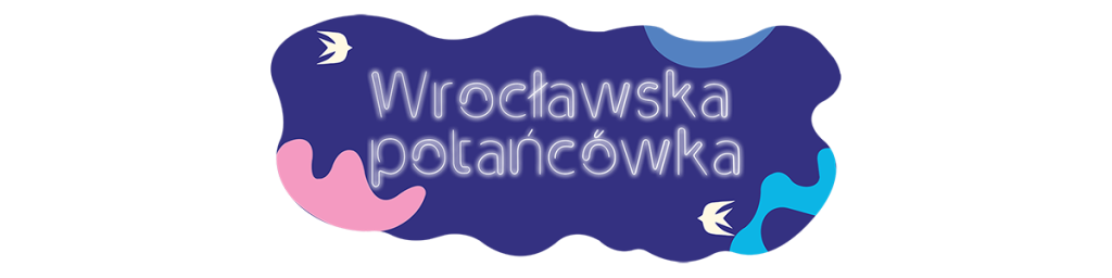 w nieregularnym kształcie na granatowym tle neonowy napis Wrocławska potańcówka