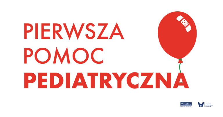 czerwony napis pierwsza pomoc pediatryczna na białym tle, po prawej stronie rysunek czerwonego balonika