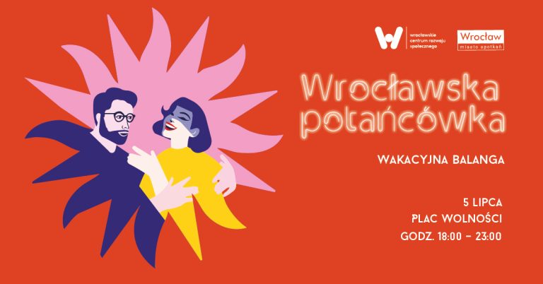 na pomarańczowym tle po lewej rysunek bawiącej się pary wpisany w kształt słońca, po prawej neonowy napis Wrocławska potańcówka