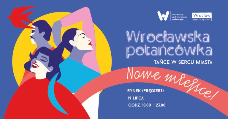 po lewej ilustracja przedstawiająca tańczące osoby, przez środek wstęga z napisem nowe miejsce, po prawej neonowy napis Wrocławska potańcówka