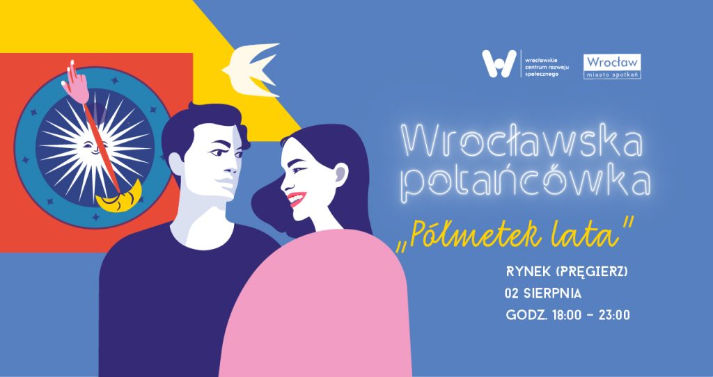 na niebieskim tle po lewej rysunek pary, a w tle rysunek wrocławskiego zegara ratuszowego, po prawej napis Wrocławska potańcówka półmetek lata