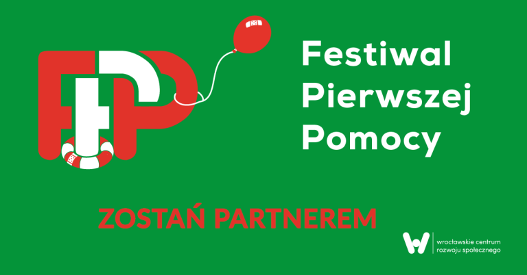 zielone tło, po lewej logo Festiwalu Pierwszej Pomocy, na dole czerwony napis zostań partnerem