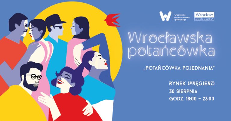 na niebieskim tle po lewej rysunek przedstawiający grupę ludzi, po prawej informacje o Wrocławskiej potańcówce 30 sierpnia w Rynku