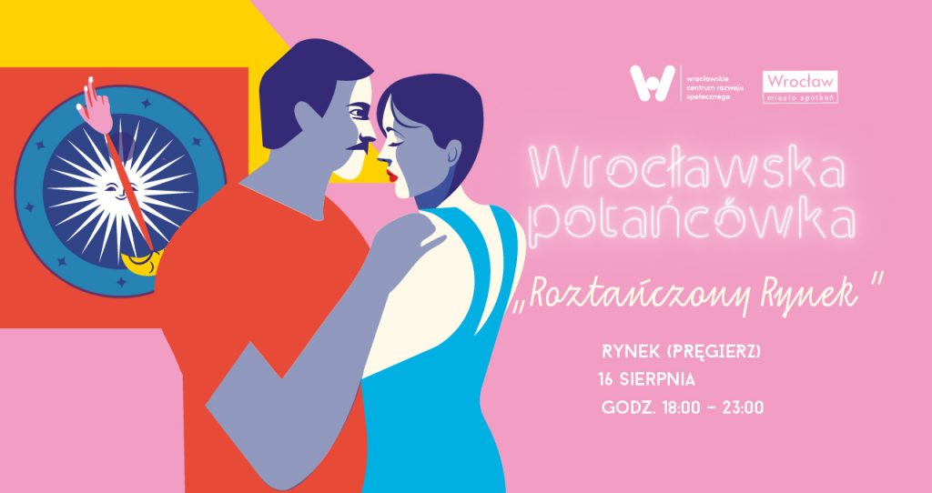 na różowym tle po lewej rysunek tańczącej pary i zegara ratuszowego, po prawej informacja o wrocławskiej potańcówce