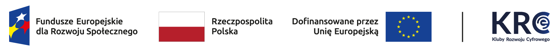 belka z logotypami funduszy rozwoju społecznego, flaga Polski, flaga Unii Europejskiej i logo Klubów Rozwoju Cyfrowego