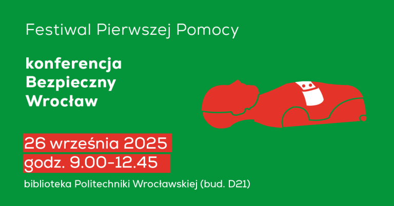na zielonym tle po prawej rysunek fantoma w kolorze czerwonym, obok informacje o konferencji Bezpiecznych Wrocław