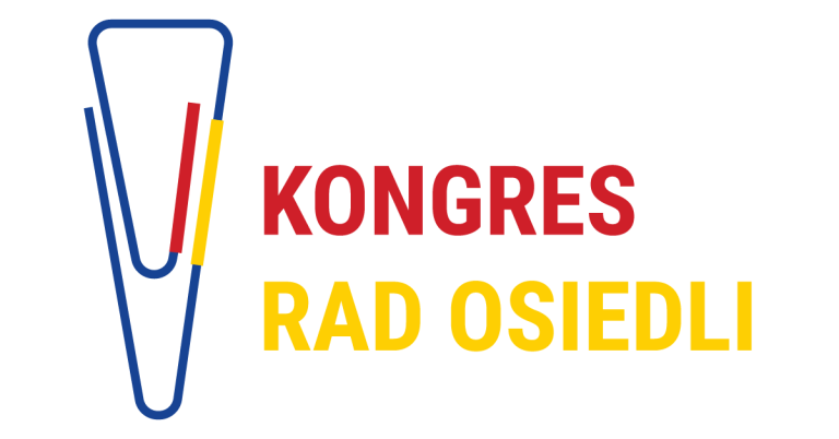 logo kongresu rad osiedli, niebieski spinacz, którego prawe krawędzie są żółte i czerwone, obok napis Kongres w kolorze czerwonym i rad osiedli w kolorze żółtym
