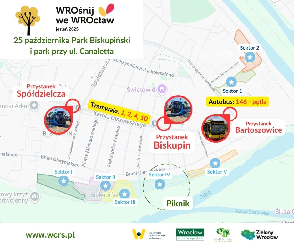 mapa z zaznaczonymi miejscami pikników oraz przystankami MPK. Do Parku Biskupińskiego można wysiąść na przystanku Spółdzielcza lub pętli Biskupin. Najbliżej parku na ul. Canaletta jest pętla autobusu 146