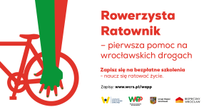 rysunek z fragmentem roweru, nad tylnym kołem złożone ręce do usisków klatki piersiowej; obok czerwone napisy Rowerzysta Ratownik