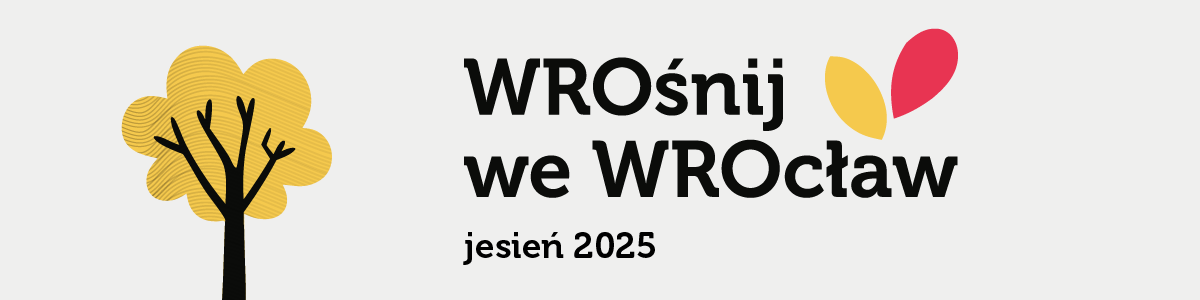 rysunek drzewka z żółtymi liśćmi, obok czarny napis WROśnij we WROcław jesień 2025
