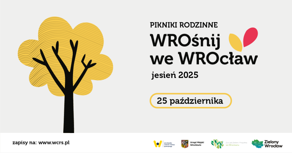 rysunek drzewka z żółtą koroną liści, obok napis pikniki rodzinne Wrośnij we Wrocław jesień 2025, w ramce dodatkowo: 25 października