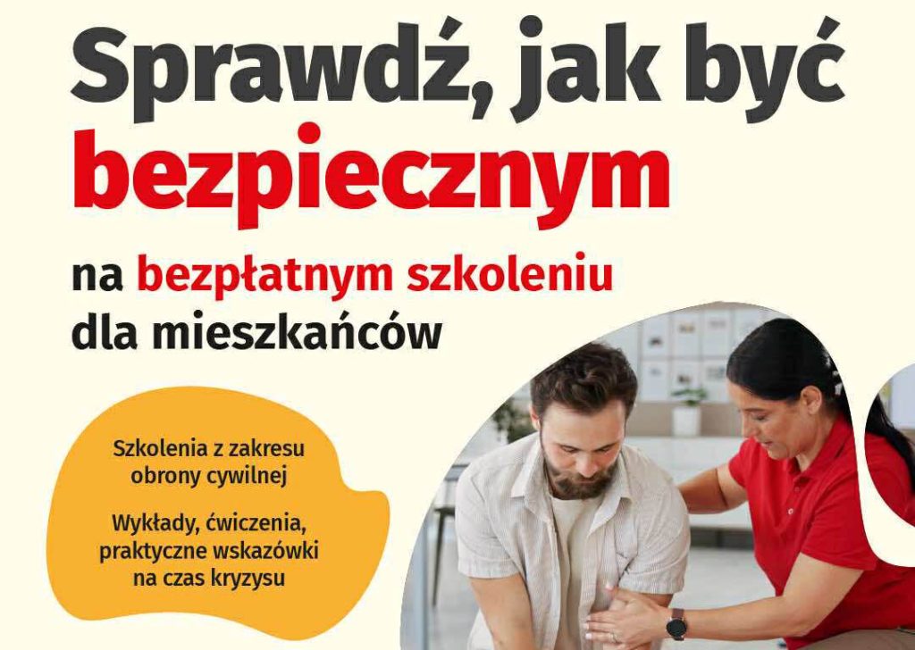 baner promujący szkolenia, napis: Sprawdź, jak być bezpiecznym na bezpłatnym szkoleniu dla mieszkańców; w nieregularnym kształcie zdjęcie dwóch osób