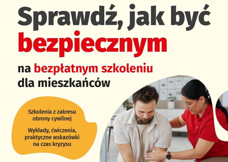 baner promujący szkolenia, napis: Sprawdź, jak być bezpiecznym na bezpłatnym szkoleniu dla mieszkańców; w nieregularnym kształcie zdjęcie dwóch osób