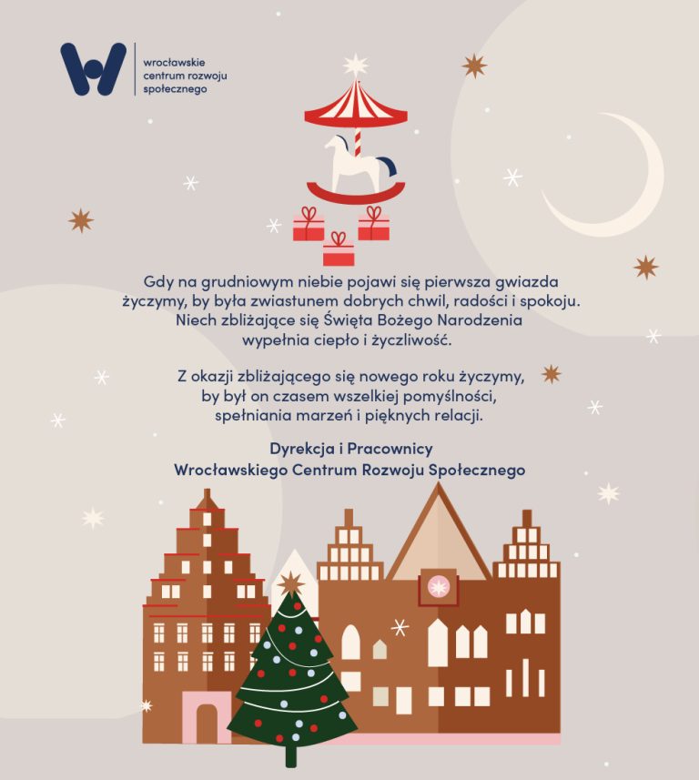 kartka bożonarodzeniowa z grafiką wrocławskiego ratusza, choinką, gwiazdkami i życzeniami w języku polskim