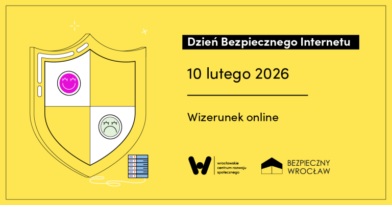 tarcza z czterema polami, dwa są puste, na dwóch są emotikony; informacja tekstowa: Dzień bezpiecznego internetu - 10 lutego Wizerunek online