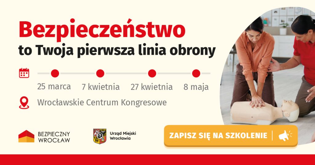 kobieta uczy się resuscytacji na fantomie, napis: Bezpieczeństwo to twoje pierwsza linia obrony