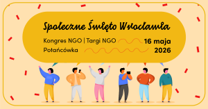 baner promujący Społeczne Święto Wrocławia z rysunkami kilku postaci i konfetti dookoła
