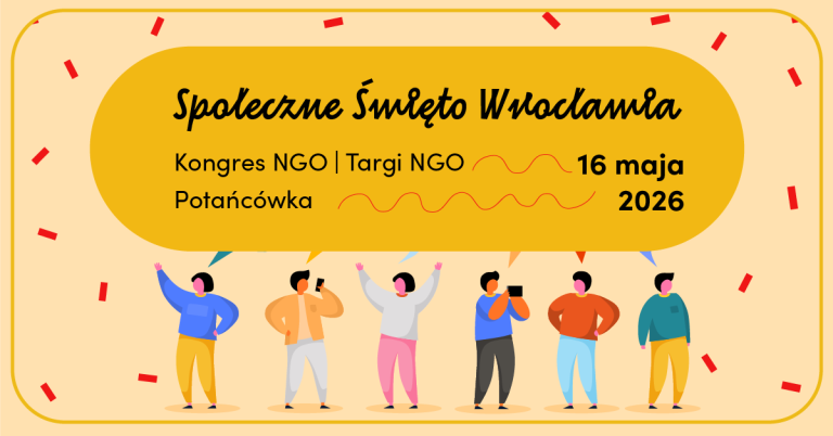 baner promujący Społeczne Święto Wrocławia z rysunkami kilku postaci i konfetti dookoła