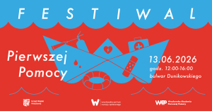 łódka origami z symbolami ratowniczymi: kołem ratunkowym, apteczką, plastrem, gaśnicą; napis Festiwal pierwszej pomocy 13.06.2026 godz. 12-16 Bulwar Dunikowskiego