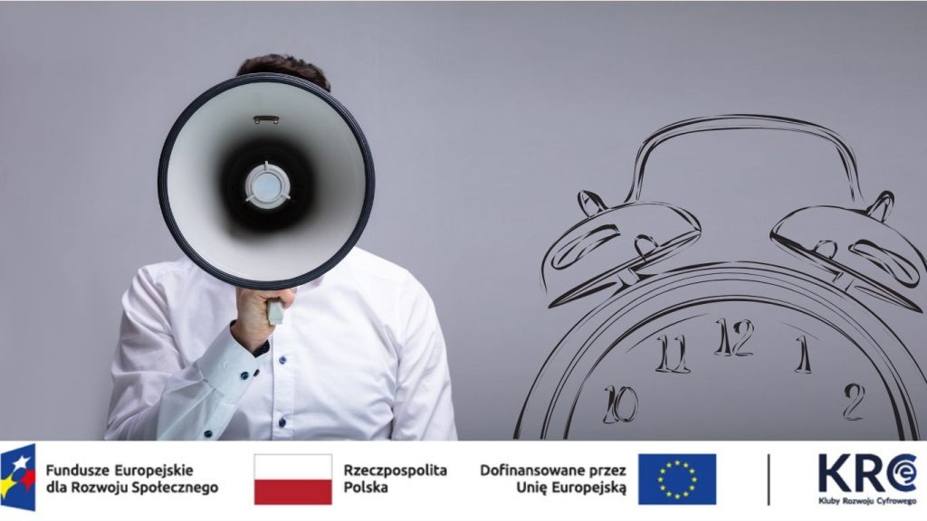 mężczyzna trzymający megafon obok niego rysunek zagara