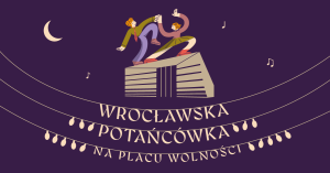 rysunek pary tańczącej na dachu narodowego forum muzyki, pośrodku napis wrocławska potańcówka 2026