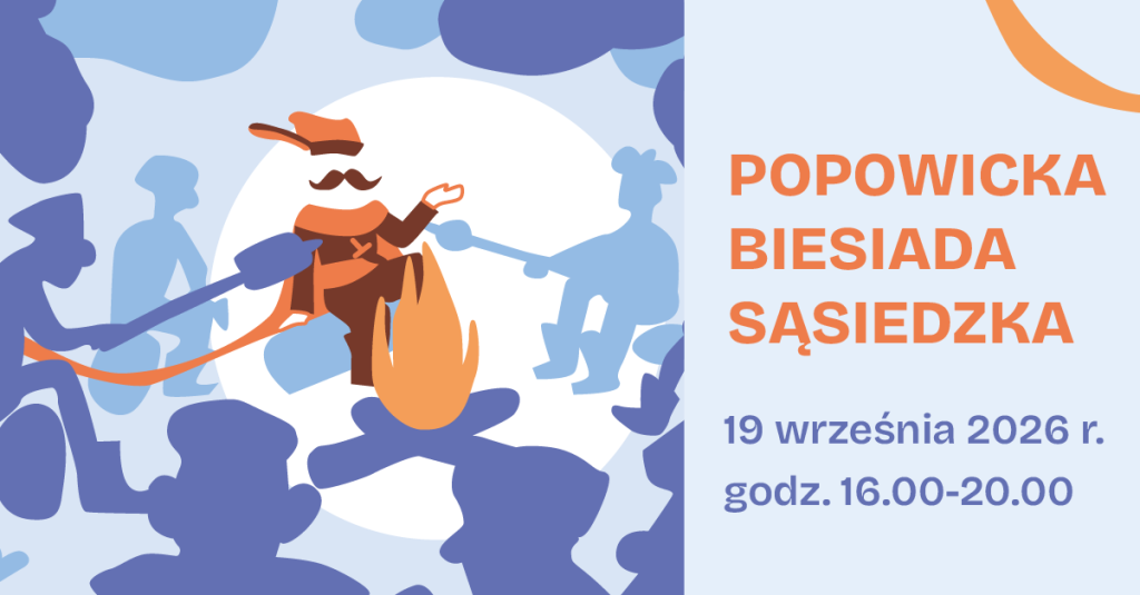 grafika z muralu - postaci przy ognisku - i napis popowicka biesiada sąsiedzka