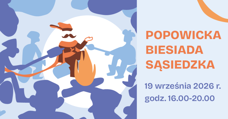 grafika z muralu - postaci przy ognisku - i napis popowicka biesiada sąsiedzka