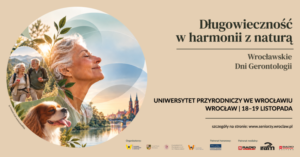 Długowieczność w harmonii z naturą baner z kolażem zdjęć przedstawiających głowę kobiety, psa, parę ludzi na spacerze